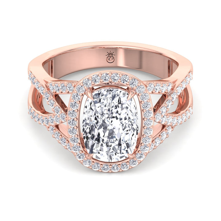 Elongated Cushion Cut Halo Engagement Ring Twist Band With Sidestones