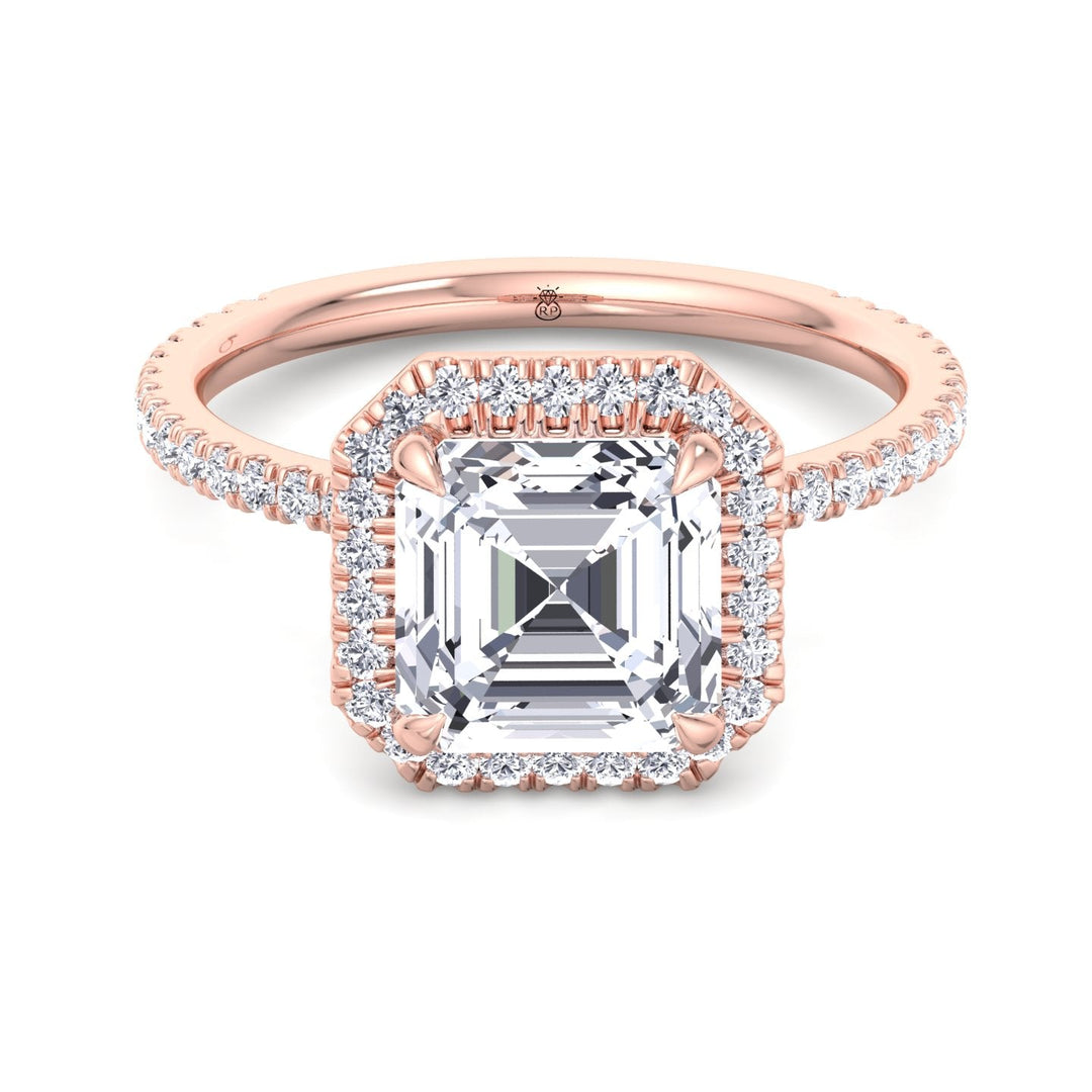 Asscher Cut Engagement Ring With A Halo and Sidestone