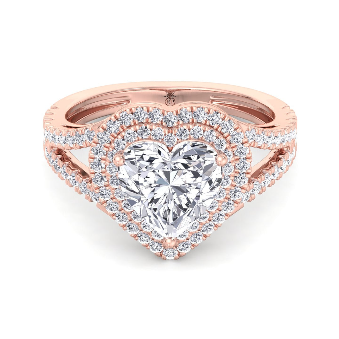 Heart Shape Engagement Ring with Double Halo and Band