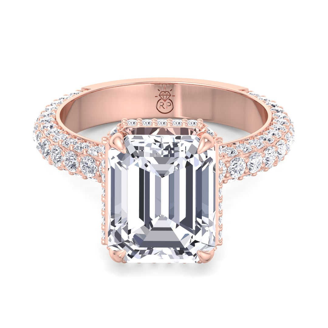Emerald Cut Engagement Ring with Sidestones and Hidden Halo