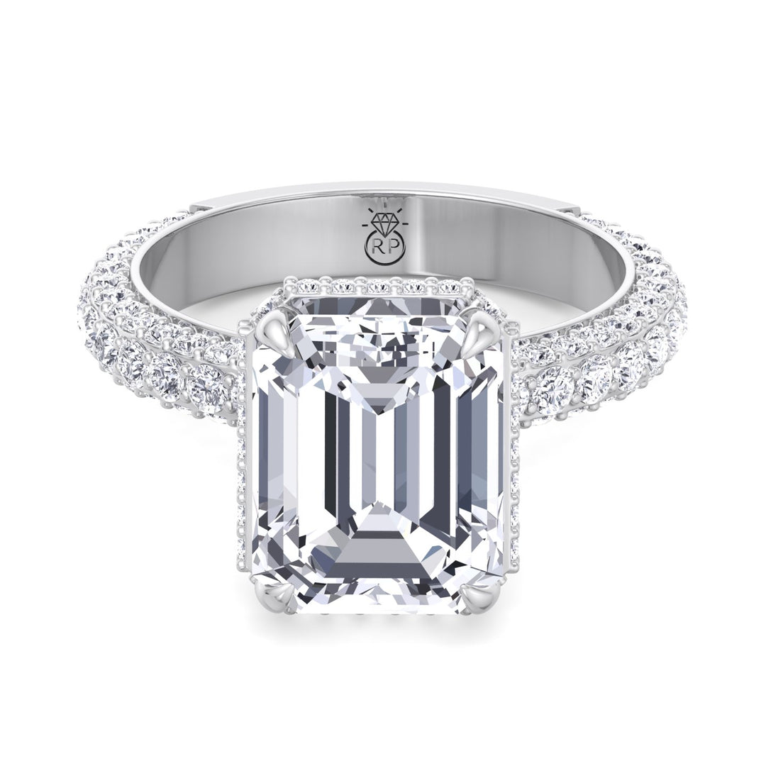 Emerald Cut Engagement Ring with Sidestones and Hidden Halo