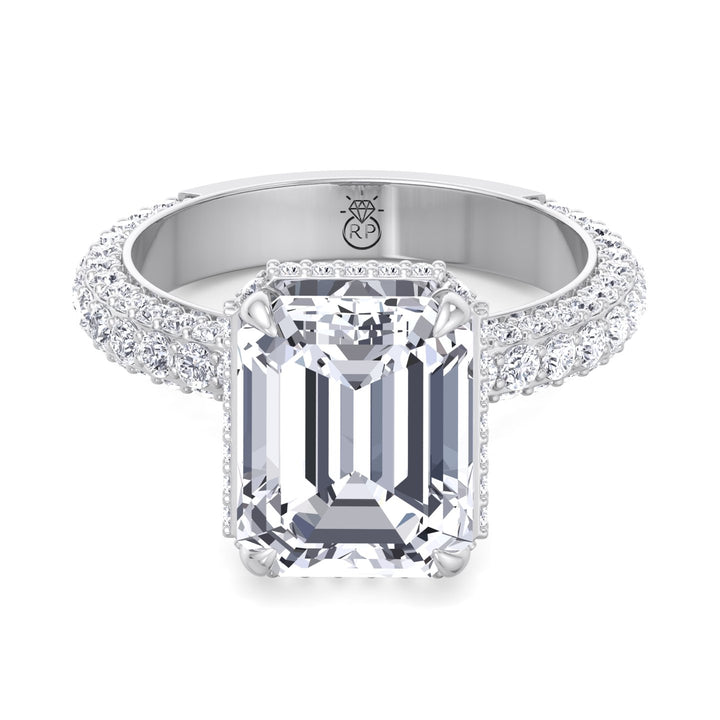 Emerald Cut Engagement Ring with Sidestones and Hidden Halo