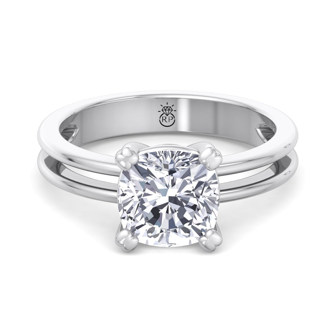 Cushion Cut Solitaire Engagement Ring With Double Band