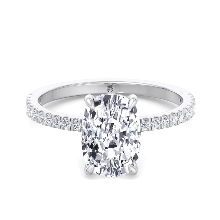 Elongated Cushion Cut Engagement Ring With Sidestones and Hidden Halo