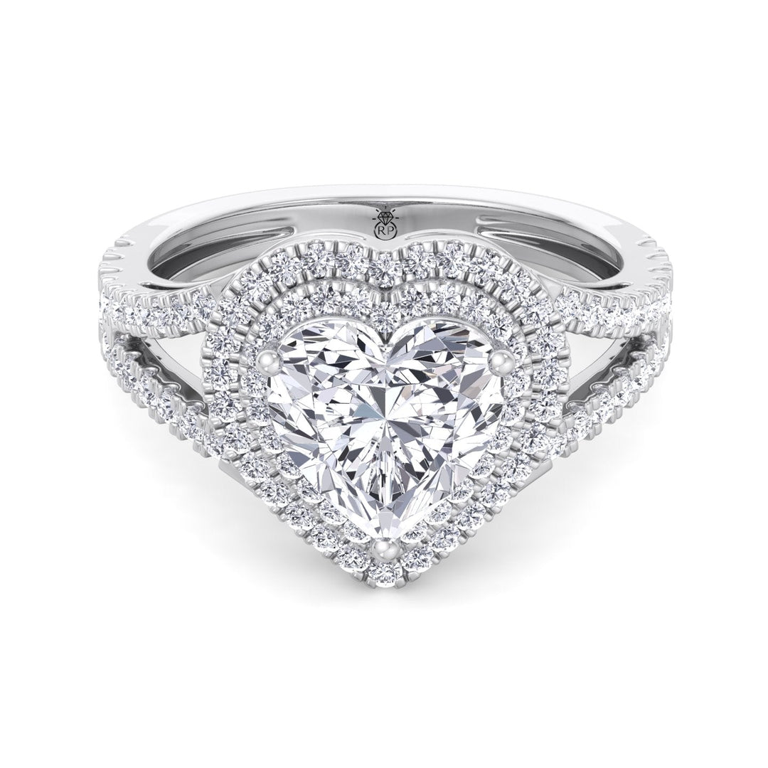 Heart Shape Engagement Ring with Double Halo and Band