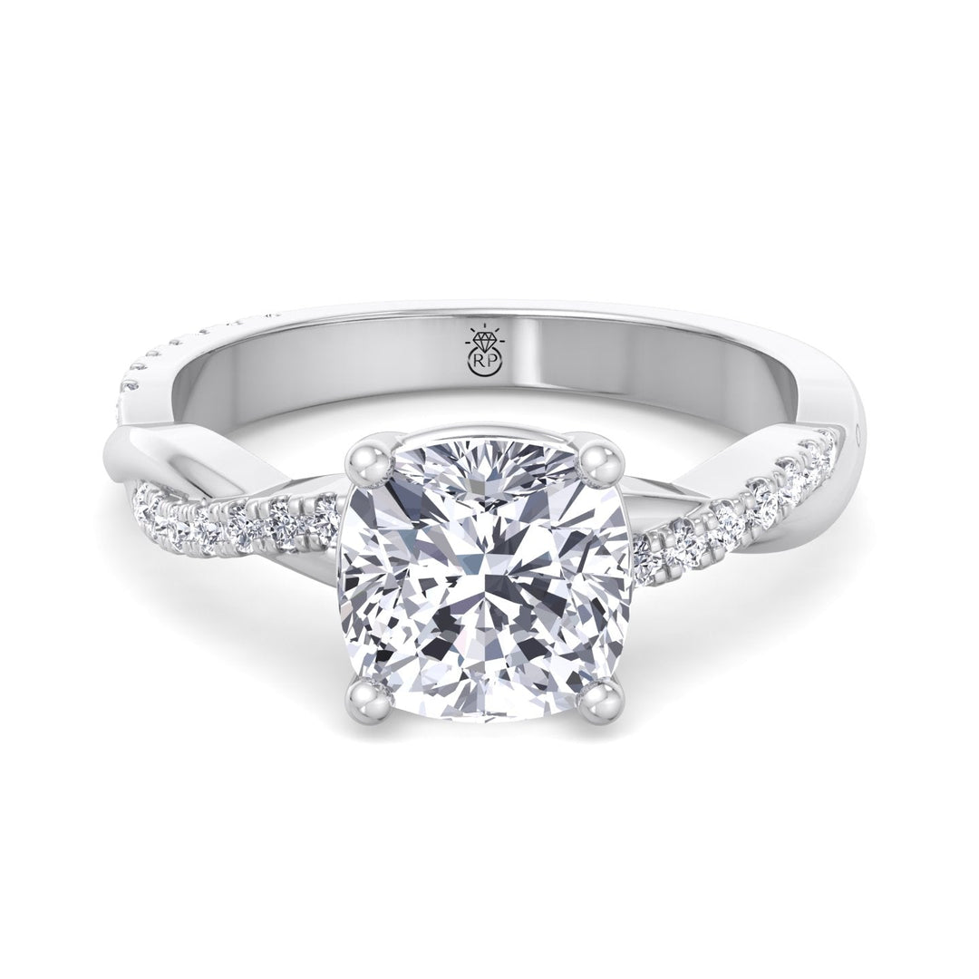Cushion Cut Engagement Ring With Twisted Band &amp; Sidestones
