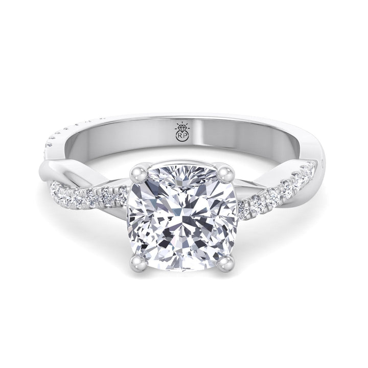 Cushion Cut Engagement Ring With Twisted Band &amp; Sidestones