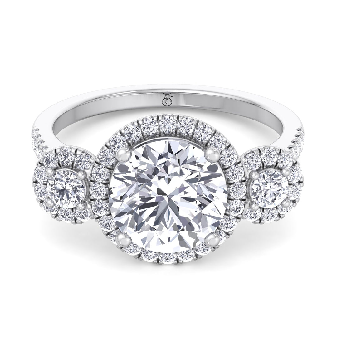 Round Cut Triple Halo Ring with Sidestones
