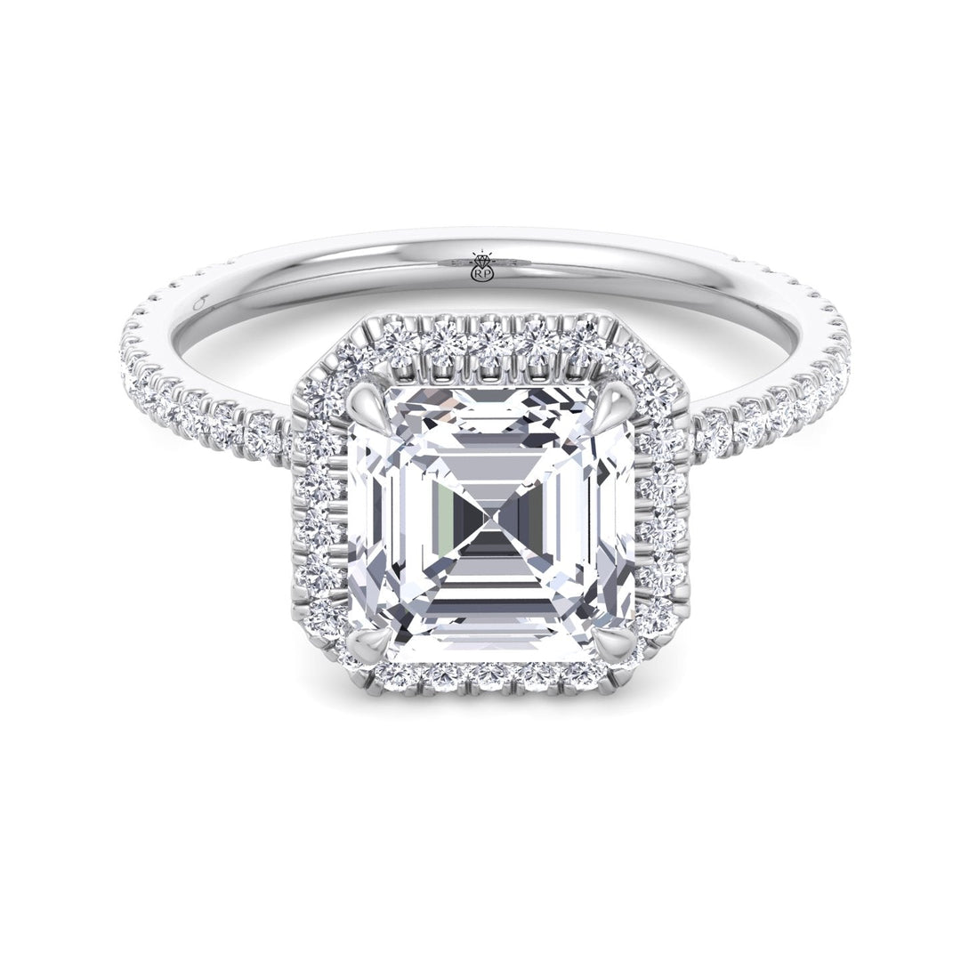 Asscher Cut Engagement Ring With A Halo and Sidestone