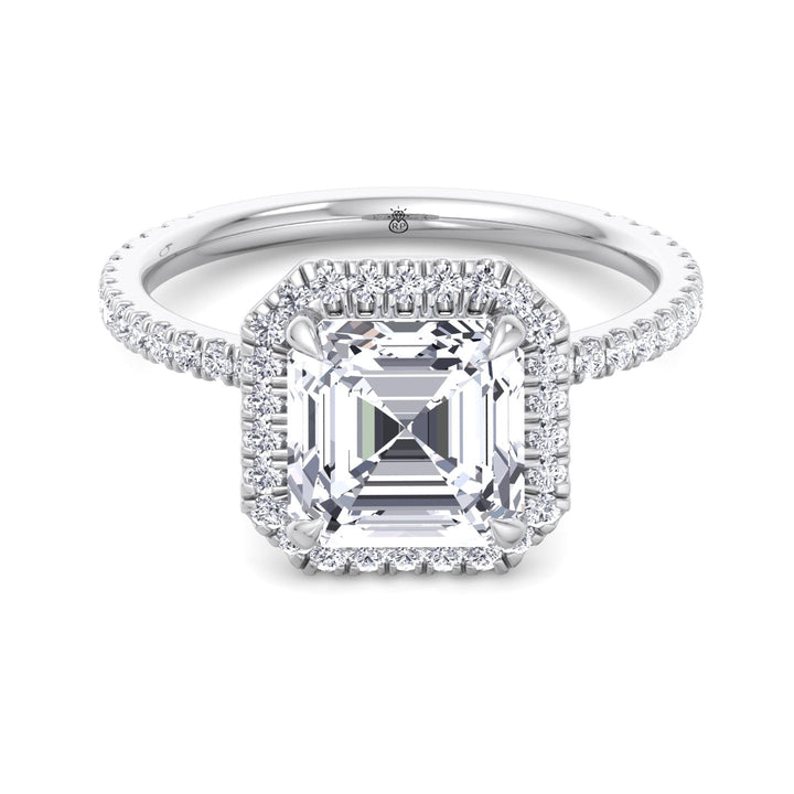 Asscher Cut Engagement Ring With A Halo and Sidestone