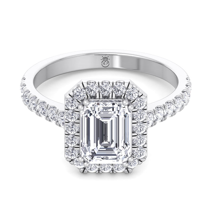 Emerald Cut Halo Engagement Ring with Sidestones