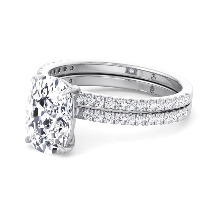 Elongated Cushion Cut Engagement Ring With Double Band and Sidestones