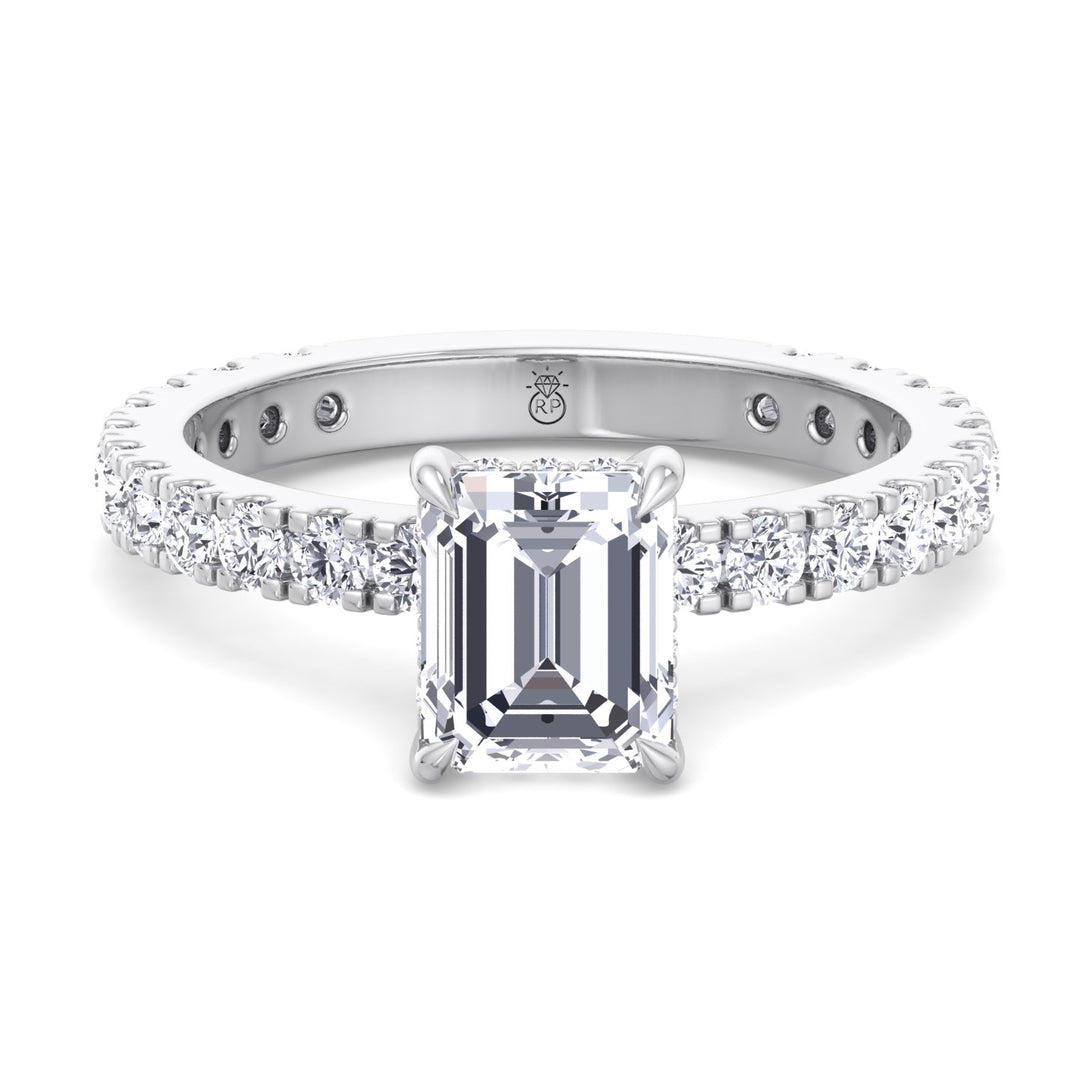Emerald Cut Hidden Halo &amp; Round Side Stones Engagement Ring