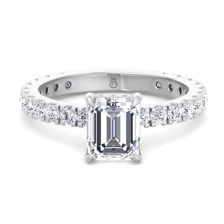 Emerald Cut Hidden Halo &amp; Round Side Stones Engagement Ring
