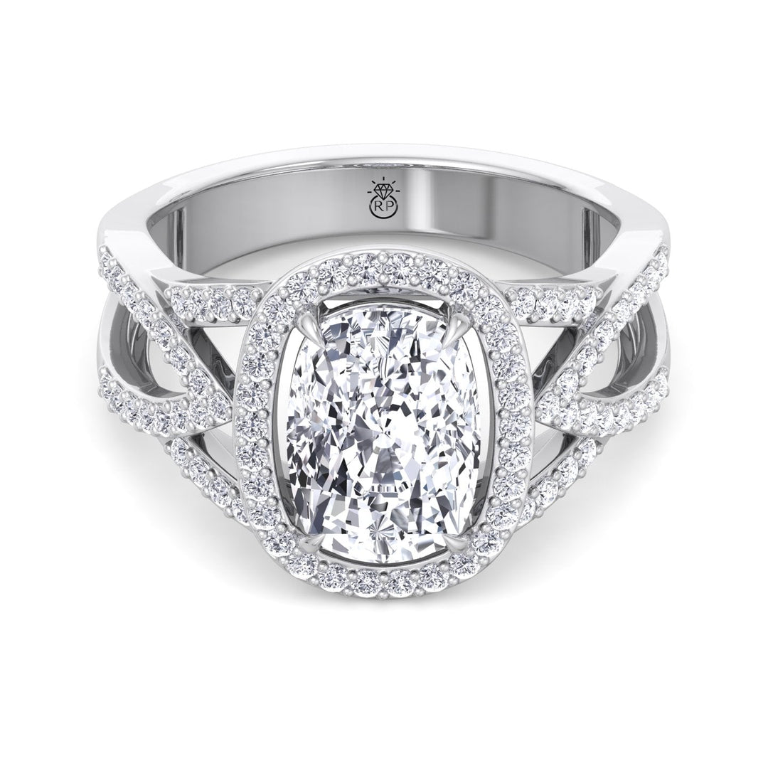 Elongated Cushion Cut Halo Engagement Ring Twist Band With Sidestones