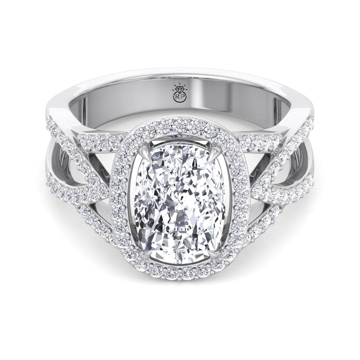 Elongated Cushion Cut Halo Engagement Ring Twist Band With Sidestones