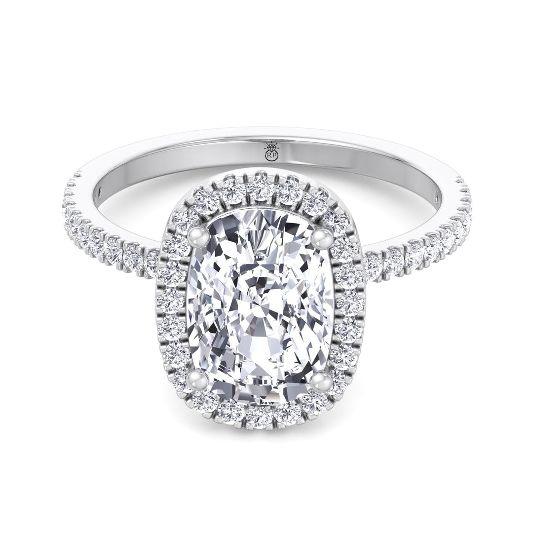 Elongated Cushion Cut Halo Engagement Ring With Sidestones