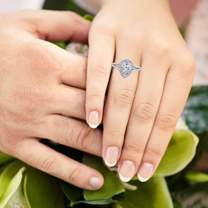Pear Shape Halo Engagement Ring With Pavé Double Band