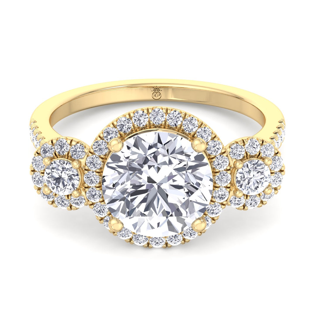 Round Cut Triple Halo Ring with Sidestones