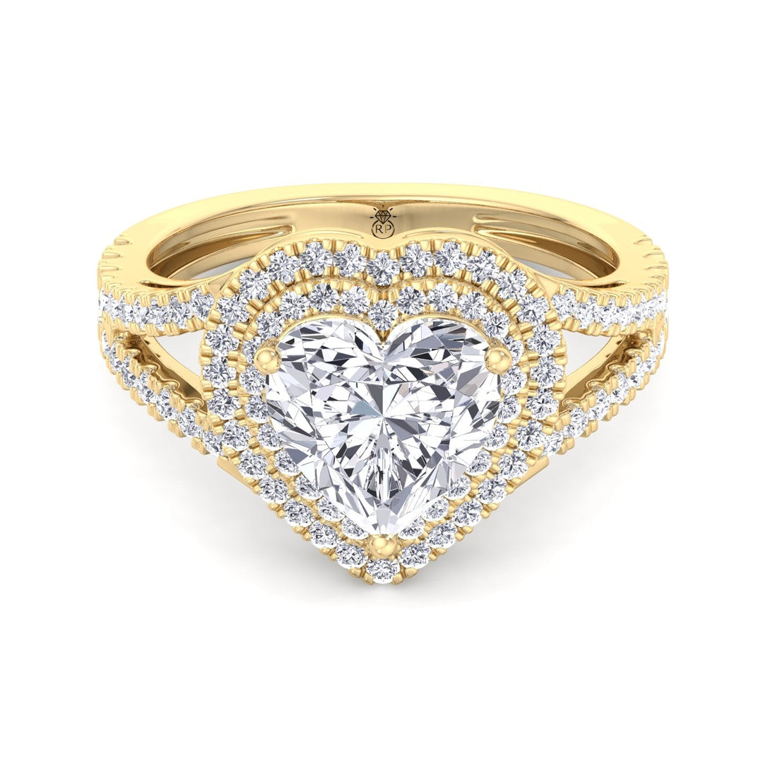 Heart Shape Engagement Ring with Double Halo and Band
