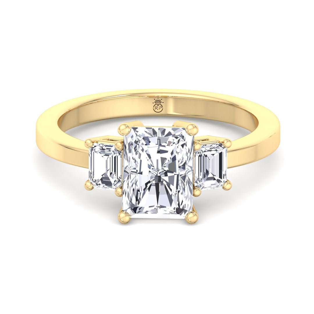 Radiant Cut Engagement Ring with Emerald Sidestones