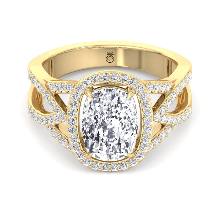 Elongated Cushion Cut Halo Engagement Ring Twist Band With Sidestones