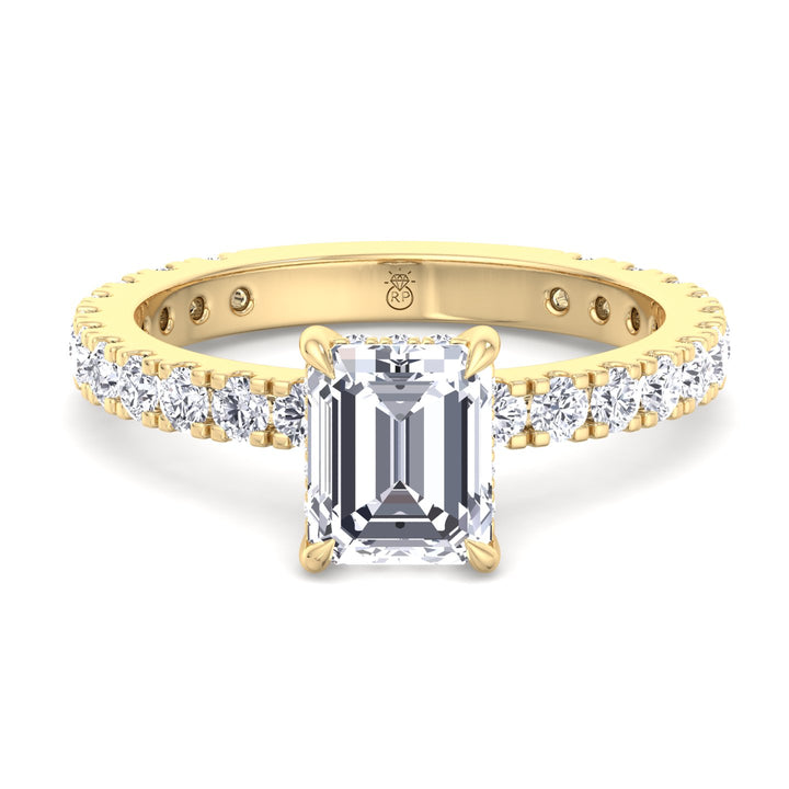 Emerald Cut Hidden Halo &amp; Round Side Stones Engagement Ring