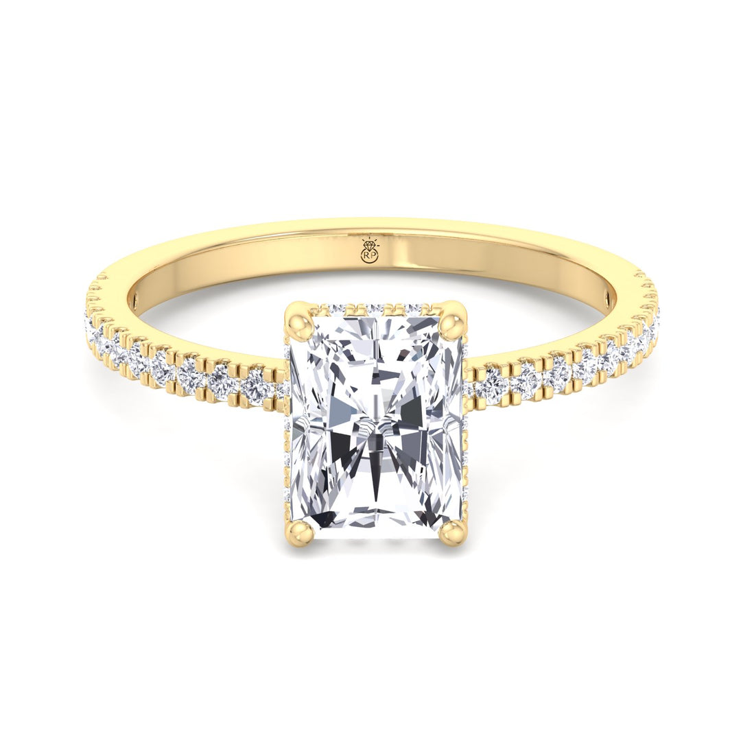 Radiant Cut Hidden Halo Engagement Ring with Pavé Band