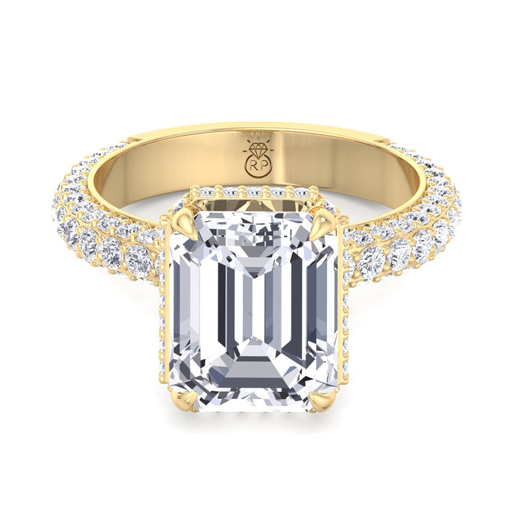 Emerald Cut Engagement Ring with Sidestones and Hidden Halo