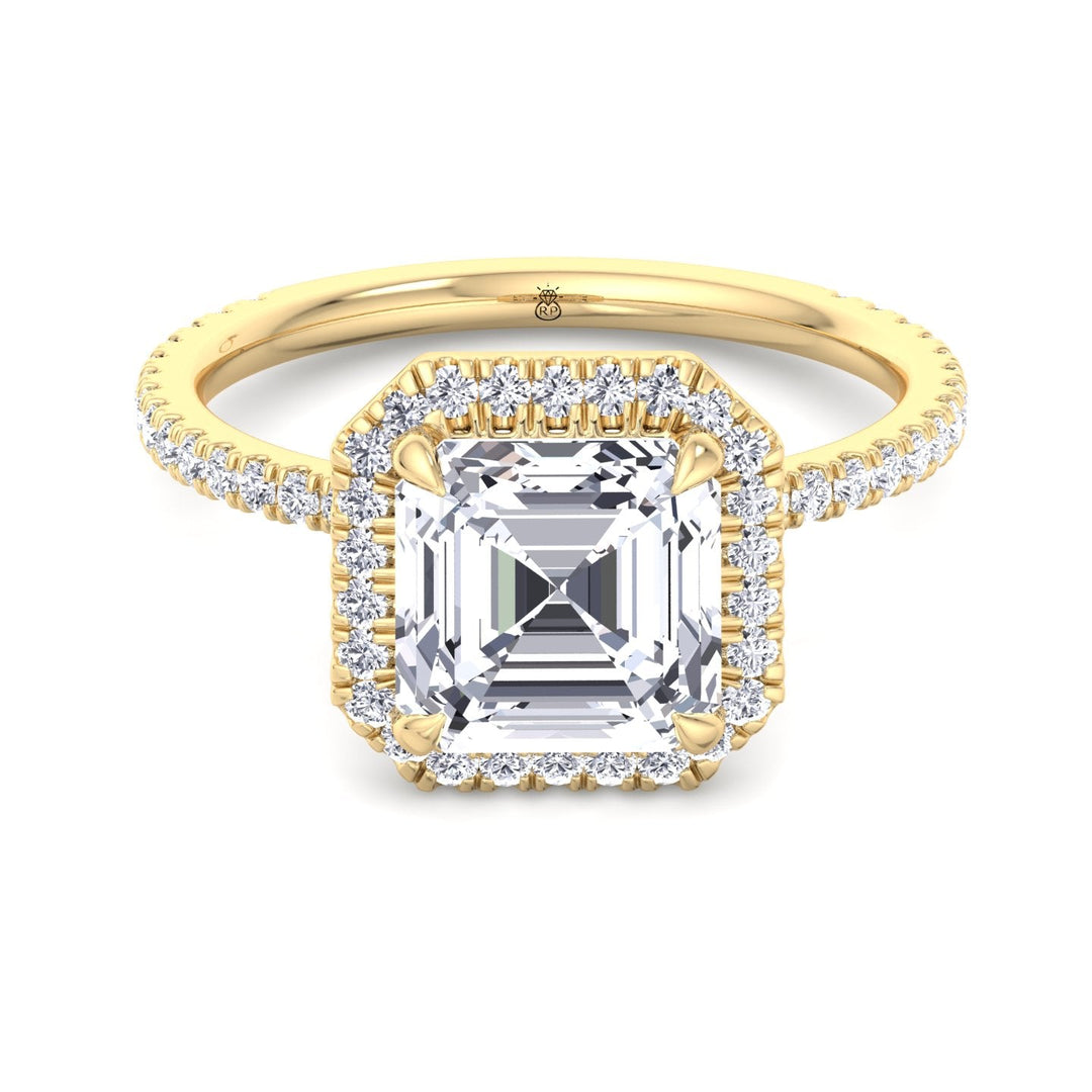 Asscher Cut Engagement Ring With A Halo and Sidestone