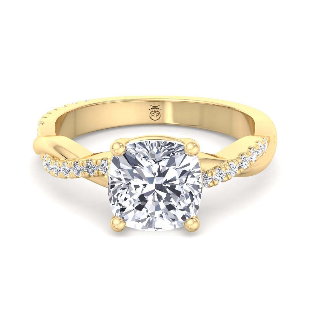 Cushion Cut Engagement Ring With Twisted Band &amp; Sidestones