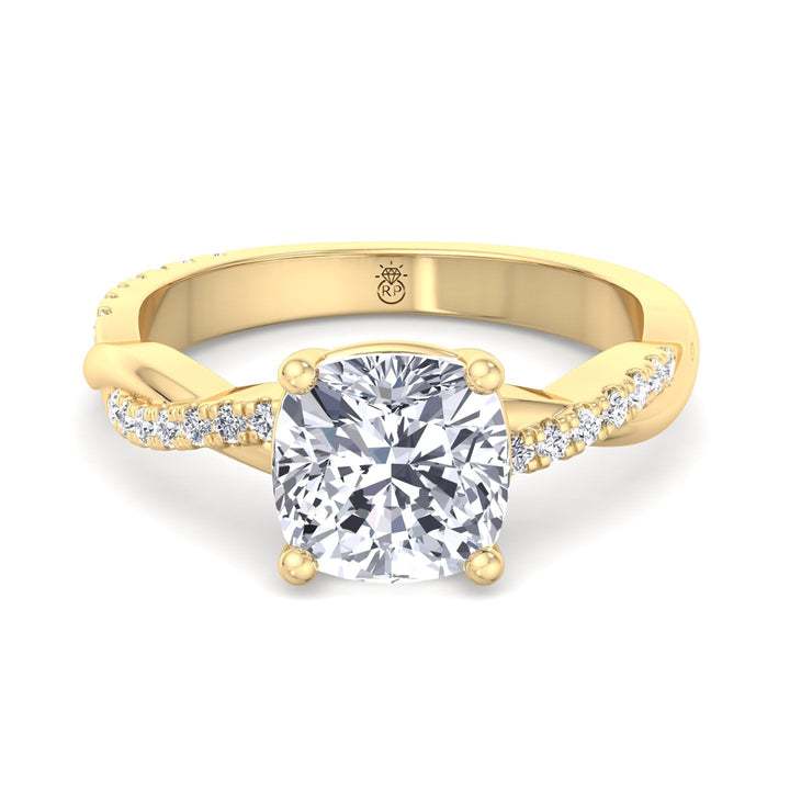 Cushion Cut Engagement Ring With Twisted Band &amp; Sidestones
