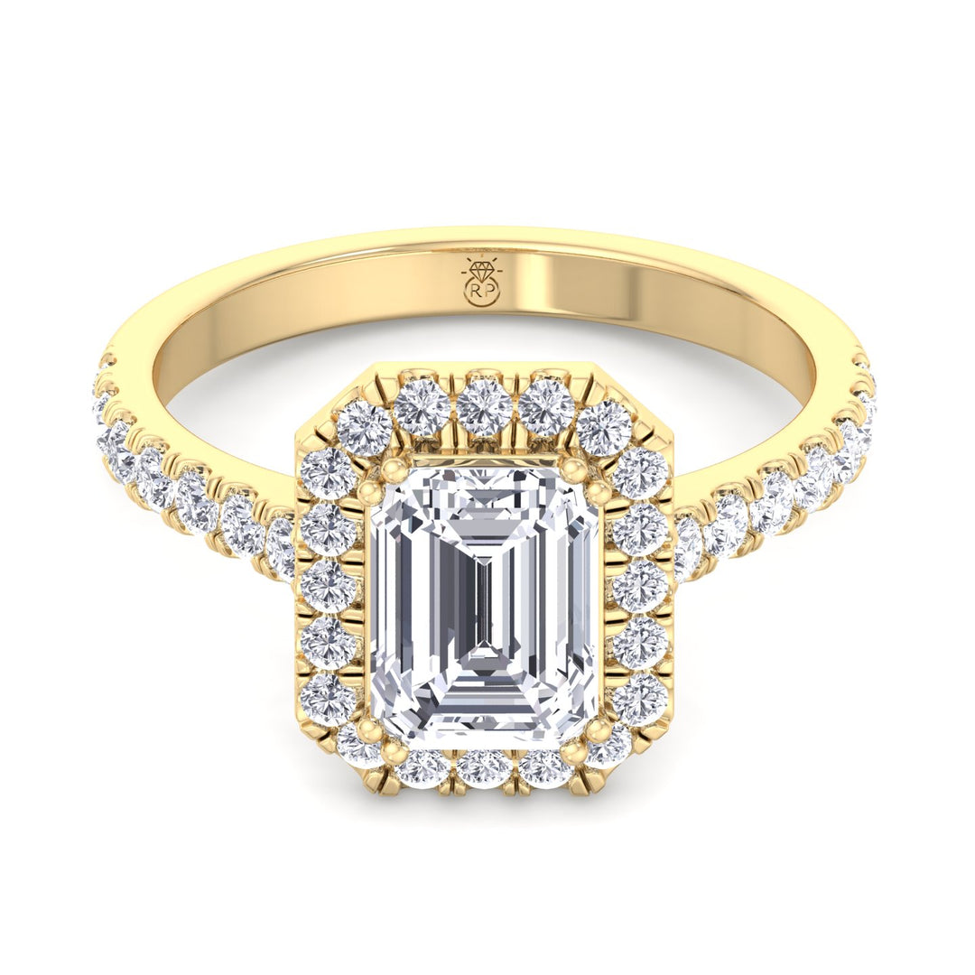 Emerald Cut Halo Engagement Ring with Sidestones