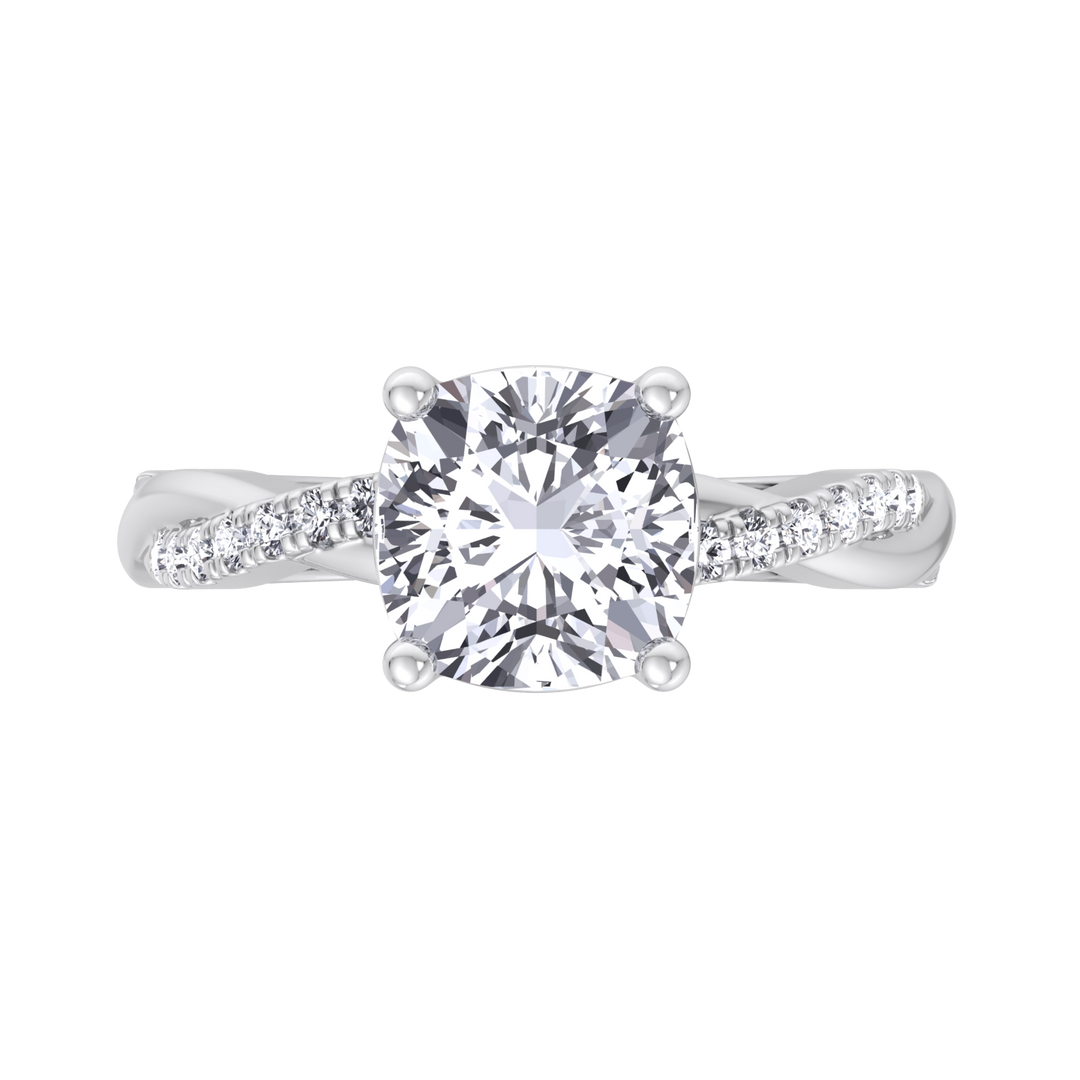 Cushion Cut Engagement Ring With Twisted Band &amp; Sidestones