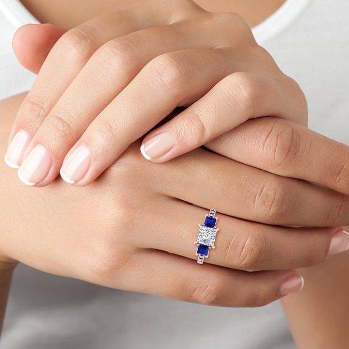 Princess Cut Engagement Ring with Blue Sapphire Sidestones