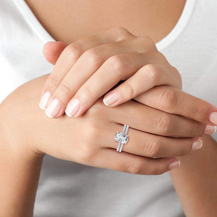 Elongated Cushion Cut Engagement Ring With Double Band and Sidestones