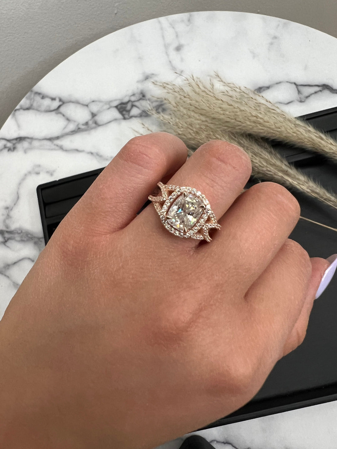 Elongated Cushion Cut Halo Engagement Ring Twist Band With Sidestones