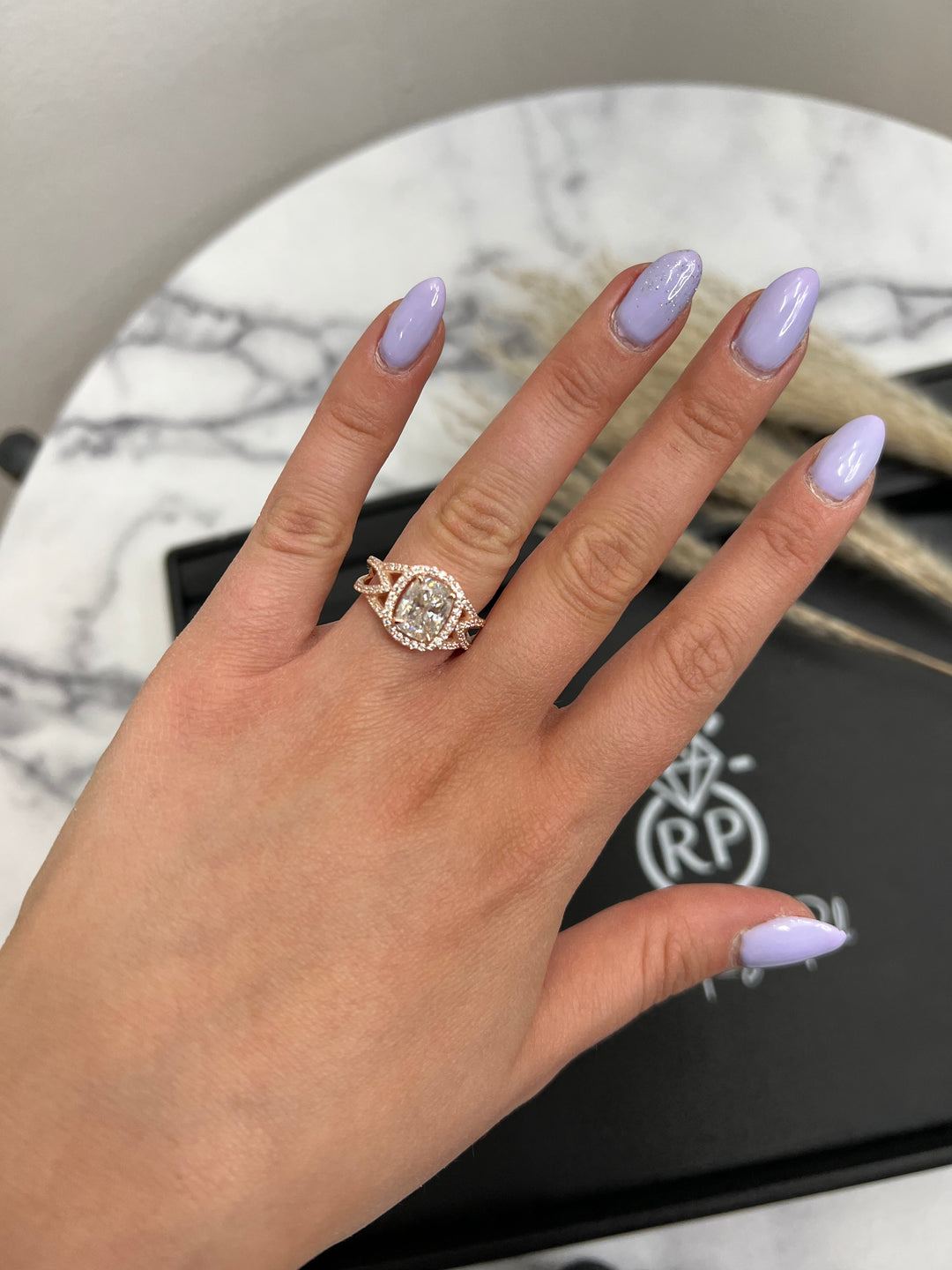 Elongated Cushion Cut Halo Engagement Ring Twist Band With Sidestones