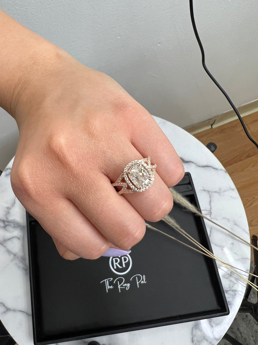Elongated Cushion Cut Halo Engagement Ring Twist Band With Sidestones
