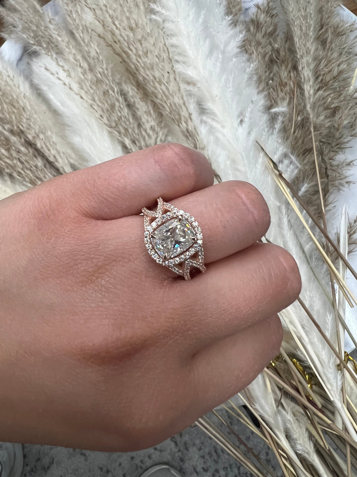 Elongated Cushion Cut Halo Engagement Ring Twist Band With Sidestones