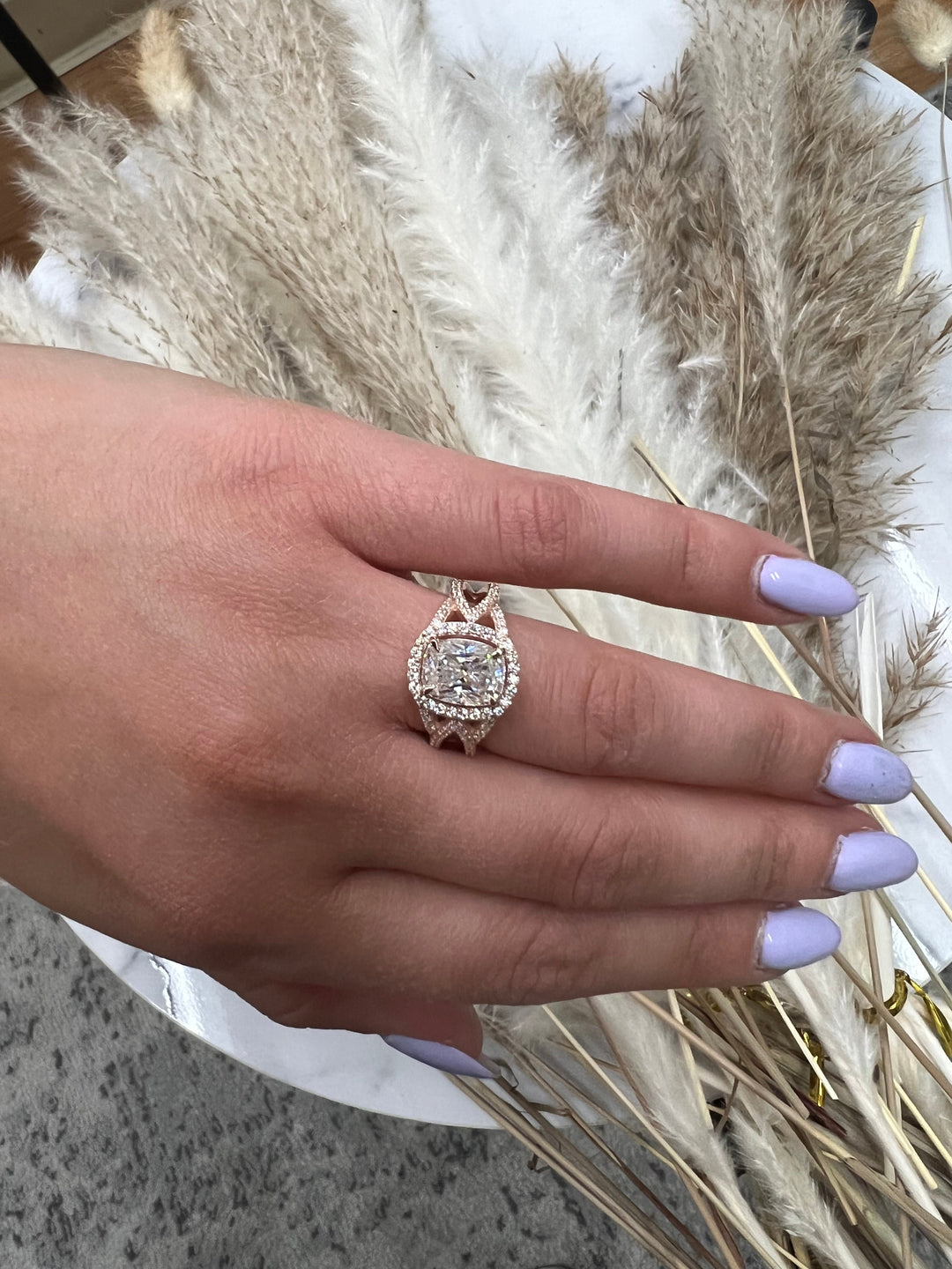 Elongated Cushion Cut Halo Engagement Ring Twist Band With Sidestones