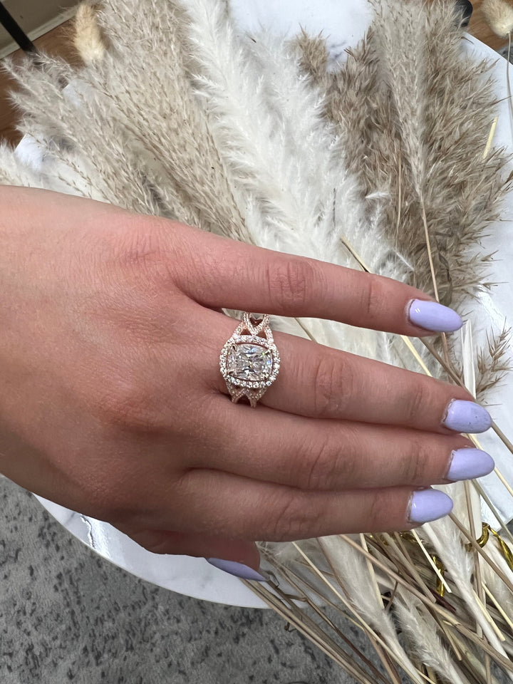 Elongated Cushion Cut Halo Engagement Ring Twist Band With Sidestones