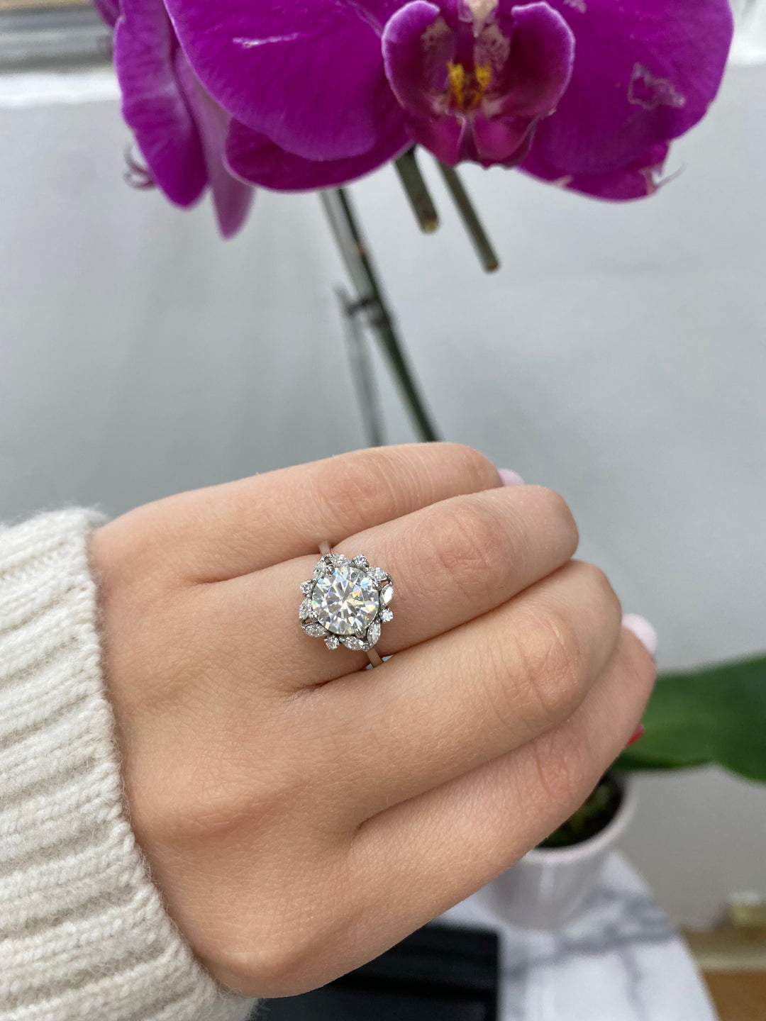 Round and Marquise Cluster   Engagement Ring