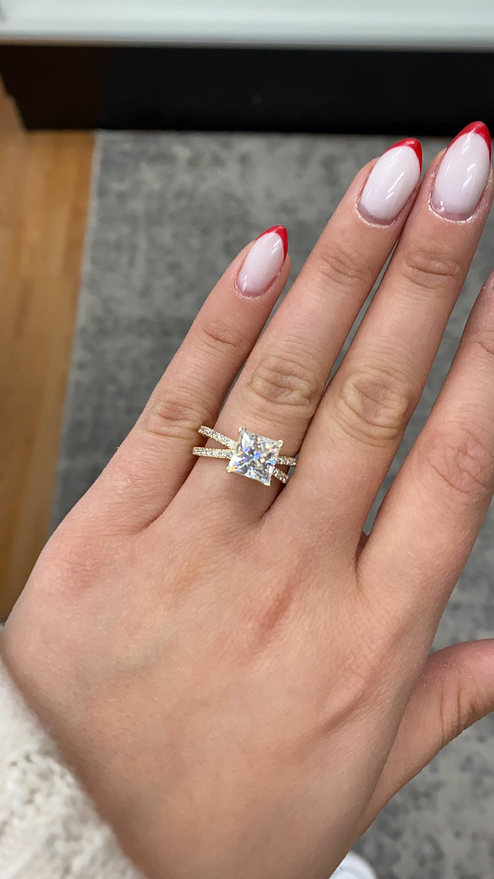 Princess Cut Engagement Ring With Criss Cross Pavé Band