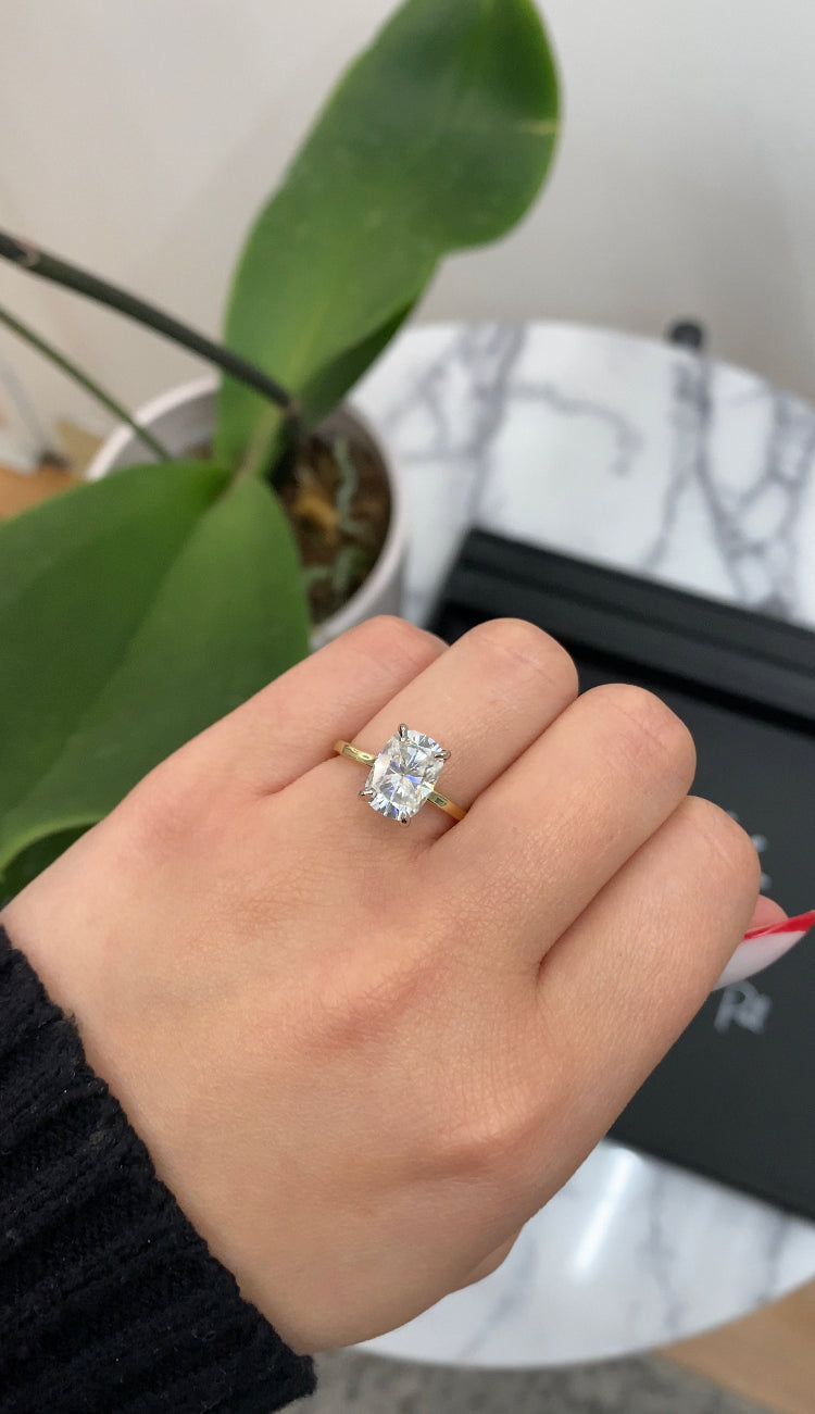 Two Tone Elongated Cushion Cut Engagement Ring with Thin Band and Hidden Halo