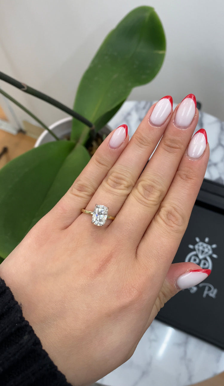 Two Tone Elongated Cushion Cut Engagement Ring with Thin Band and Hidden Halo