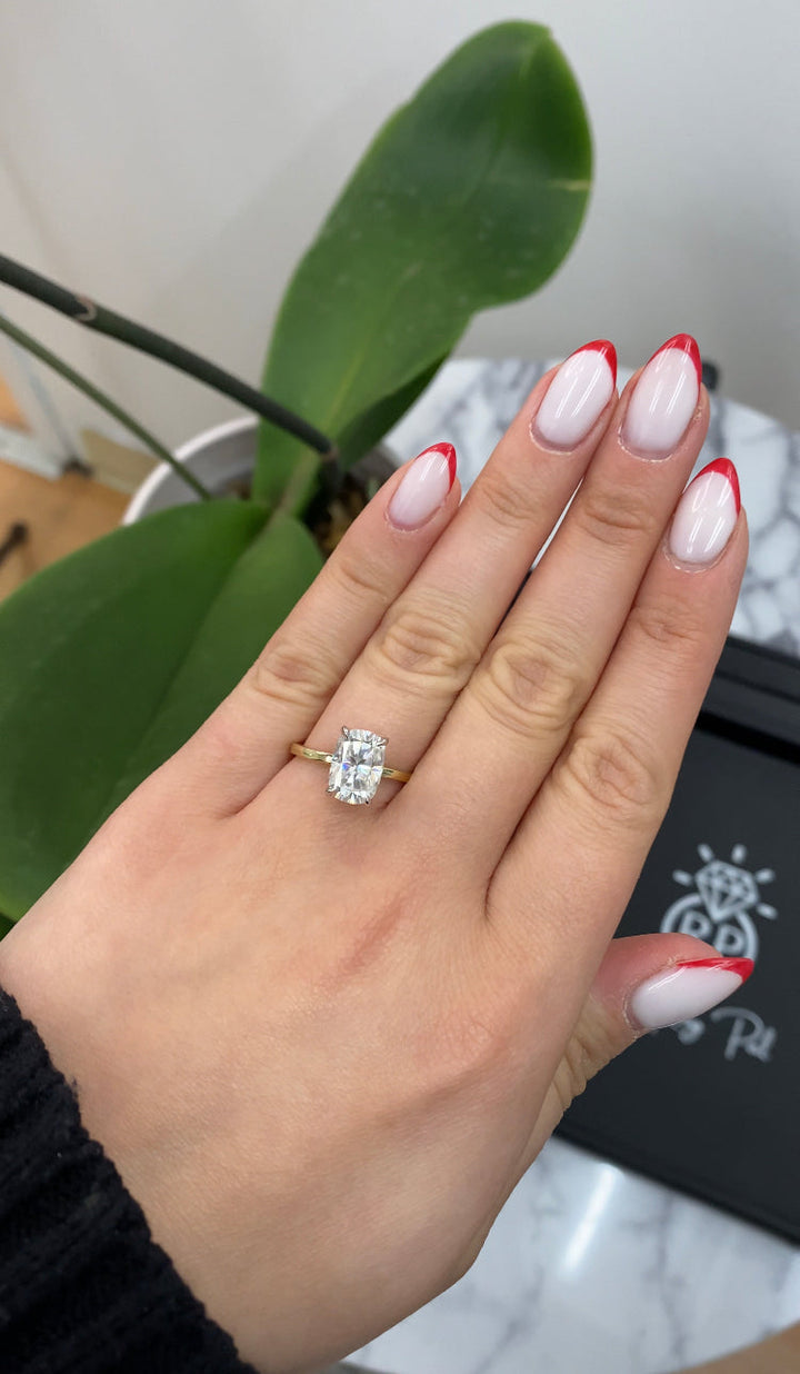 Two Tone Elongated Cushion Cut Engagement Ring with Thin Band and Hidden Halo