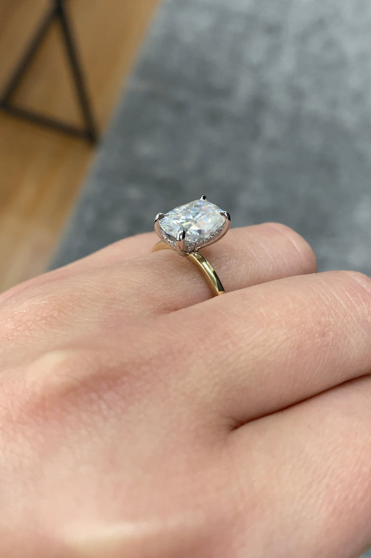 Two Tone Elongated Cushion Cut Engagement Ring with Thin Band and Hidden Halo