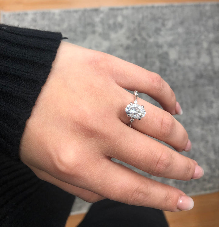 Oval Cut Engagement Ring Thin Band with Round Stones