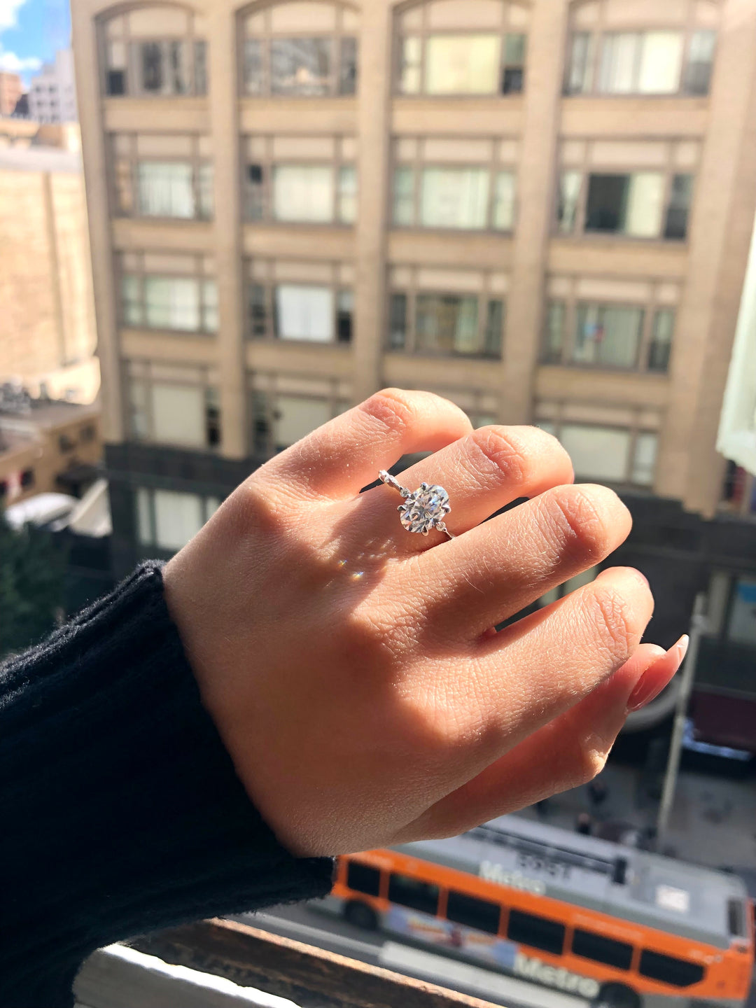 Oval Cut Engagement Ring Thin Band with Round Stones